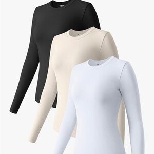 3 pack Small Women's fitted Long Sleeve Tops - Black, Beige, and Cream